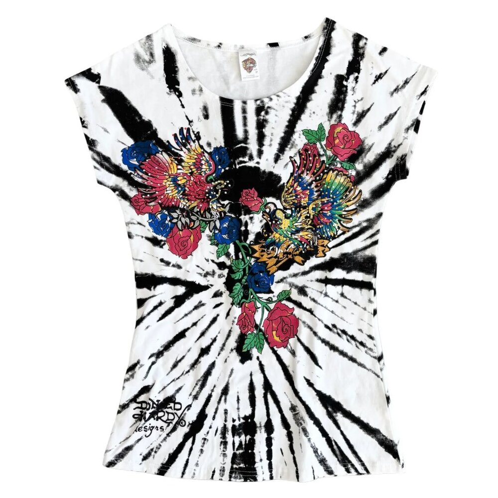 NWT VTG ED HARDY Graphic Tee  Birds Roses Stud embellished Tie dye  Y2K  SZ S